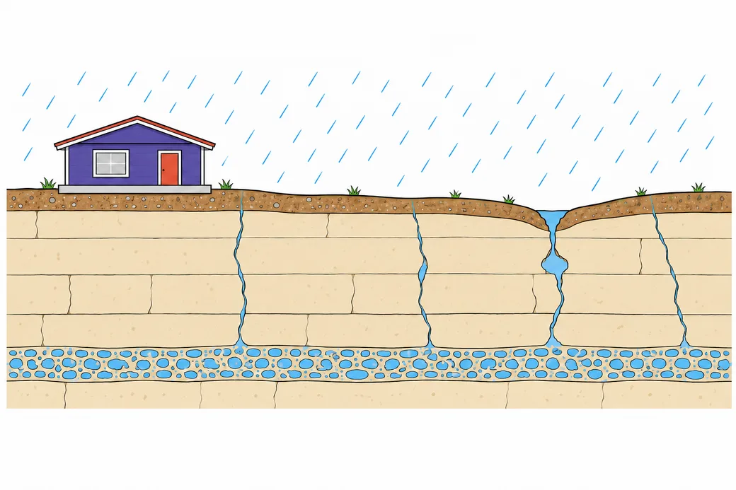 Cross-section of rain soaking into thin soil and running down cracks and a small sinkhole in limestone to a water-filled layer below, with a house on the left