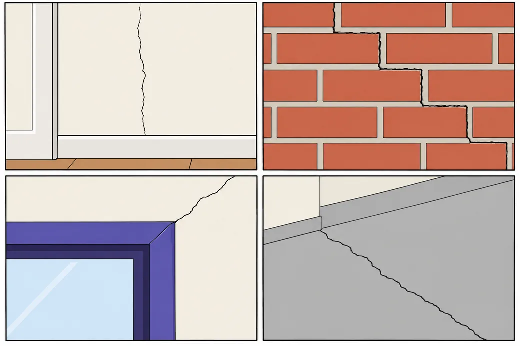 Drawing in four panels: a fine vertical crack in a painted wall, a crack stepping through brick mortar, a crack rising from the corner of a window frame, and an uneven crack across a gray concrete floor